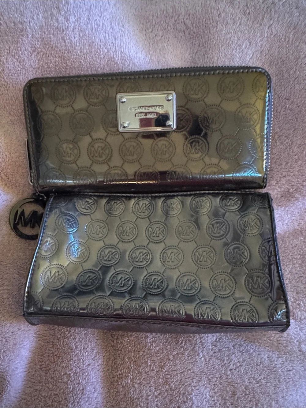 Michael Kors Metallic Gunmetal MK Logo Zip Wallet AND cosmetic bag.